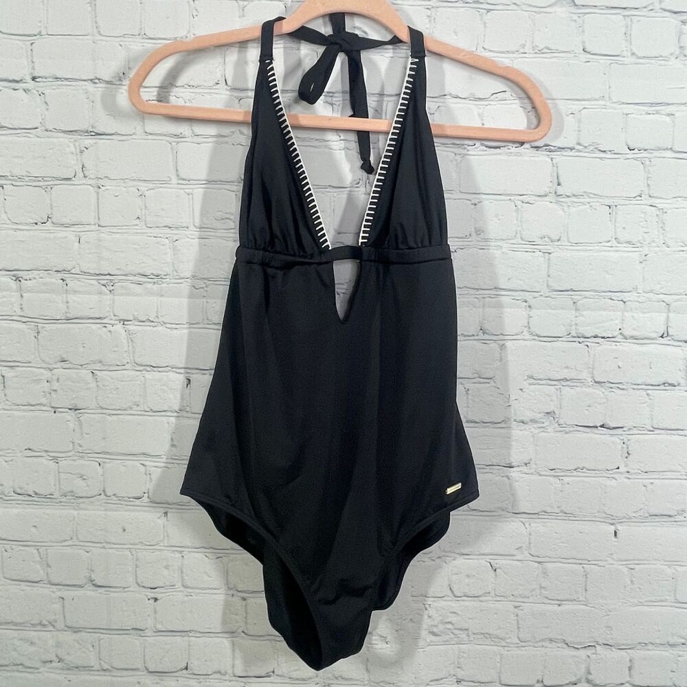 Sunseeker One Piece Swimingsuit Women Black V Neck Halter Embroidered Preppy